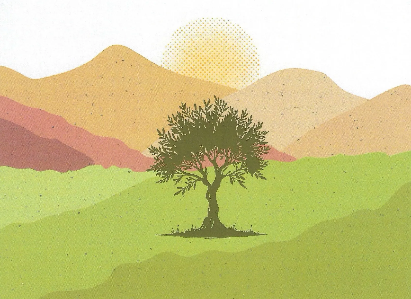 The Mount Helikon label artwork — ochre mountains, a halftone sun and one olive tree in a green field